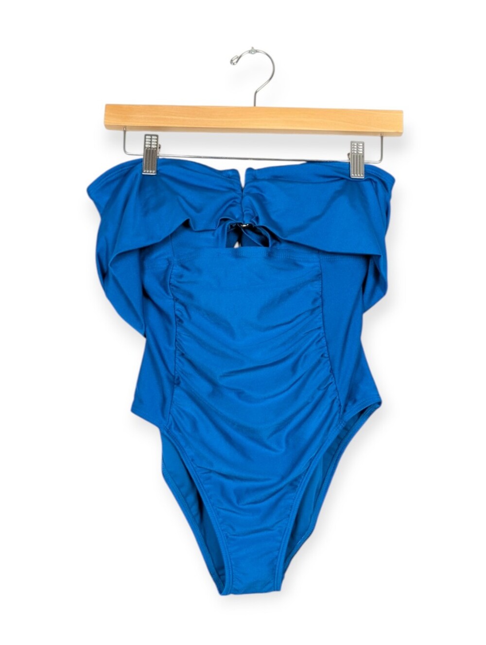 Mynah One Piece Swimsuit L Blue Off Shoulder Ruched Resort Swim NWT